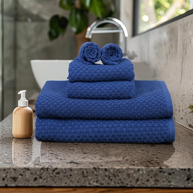 COTTON CRAFT Euro Spa Waffle Weave 6 Piece Towel Set - 100% Cotton - Blue | 2 Oversized Luxurious Large Bath Towels, 2 Hand Towels, 2 Washcloths - Soft Plush Super Absorbent Low Lint Quick Dry