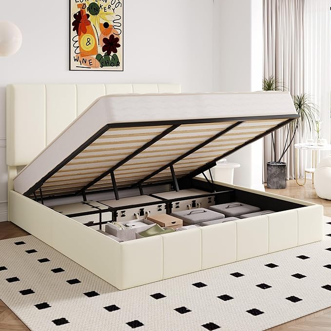 Allewie King Size Velvet Lift Up Hydrualic Storage Bed Frame, Cream | Vertical Channel Tufted Headboard, Hydrualic Underneath Storage, Upholstered Platform Bed, No Box Spring Needed