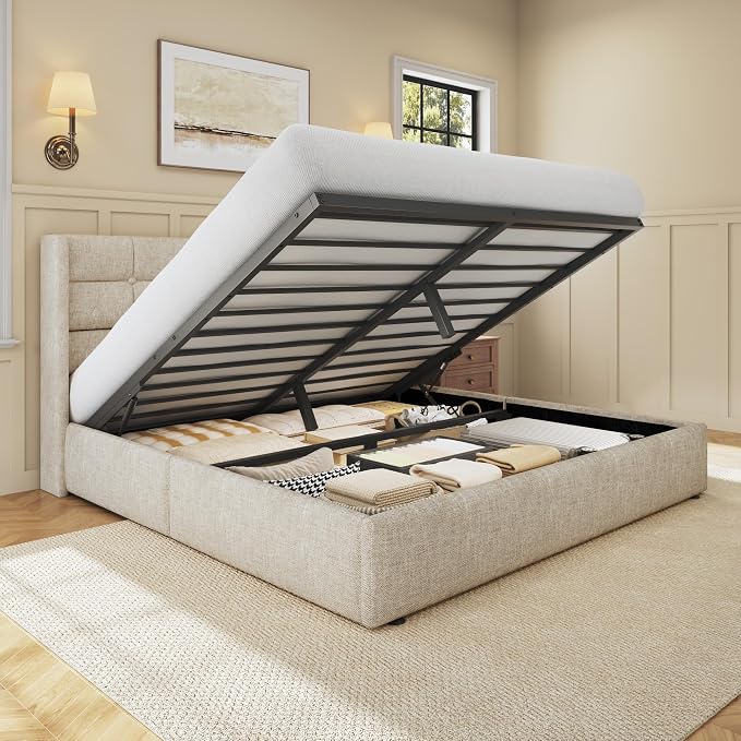 HISOFT Queen Size Lift Up Storage Bed Frame, Linen Upholstered Platform Bed with Wingback Headboard, Heavy Duty Hydraulic Gas Lift Underbed Space, Reinforced Full Metal Slats, Noise Free, Beige