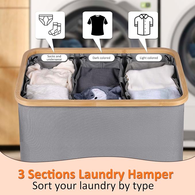 efluky Laundry Hamper with Lid, Trio Laundry Basket with 2 Removable Bags, 3 Section Laundry Bin with Bamboo Handles for Bathroom, Bedroom & Laundry Room, 160L (42.3 Gallon) Silver Grey