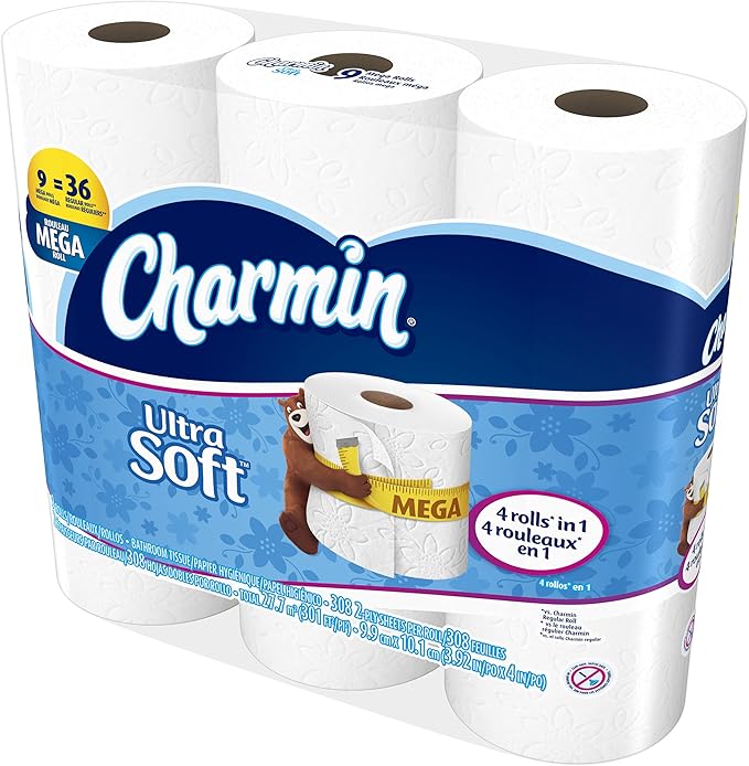 Charmin Ultra Soft Toilet Paper, Bath Tissue, Mega Roll, 9 Count of 308 2-Ply Sheets Per Roll