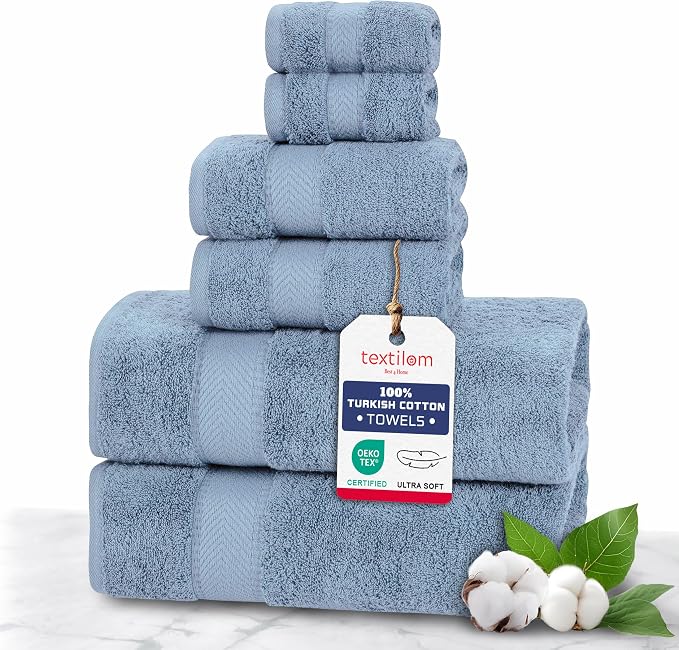 TEXTILOM 100% Turkish Cotton 6 Pcs Luxury Bath Towels for Bathroom, Soft & Absorbent Bathroom Towels Set (2 Bath Towels, 2 Hand Towels, 2 Washcloths)- Mid Blue