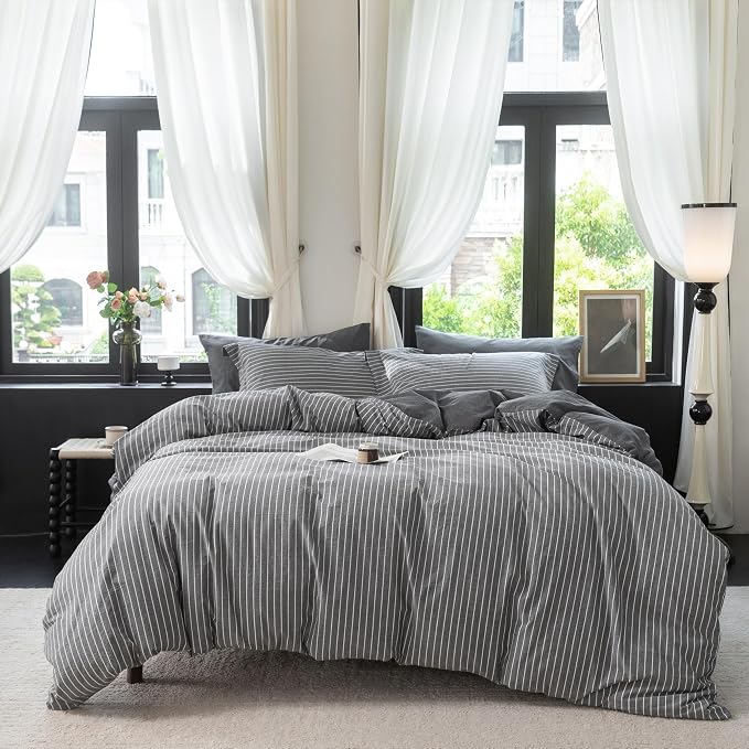 Reversible Duvet Cover Set 100% Washed Cotton Dark Grey Pinstripe Linen Feel Duvet Cover Queen Size with Zipper Closure & 2 Pillow Shams,Dark Grey/White Stripe Reverse Solid Dark Grey