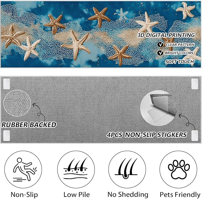Seaside Coastal Extra Long Hallway Runner Rug 3x12 - Fishing Net Soft Low Pile Runner RugsWatercolor Ocean Anti Slip Washable Runners Rug for Entrance Corridor Kitchen Living Room