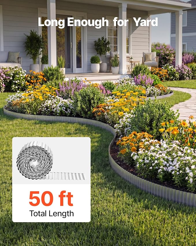 VEVOR Galvanized Steel Landscape Edging, 50 ft x 6 in Metal Edging for Landscaping with Gloves, Easy-to-Install Bendable Metal Strips, Heavy Duty Metal Garden Edge Border for Flower Bed, Yard Pathway