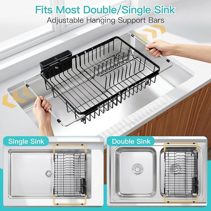 JASIWAY Black Dish Drying Rack Over the Sink with Utensil Holder | Expandable Stainless Steel Dish Driainers for Small Kitchen, Counter Space Saving, Fast Drain, Rust Resistant, For Apartment