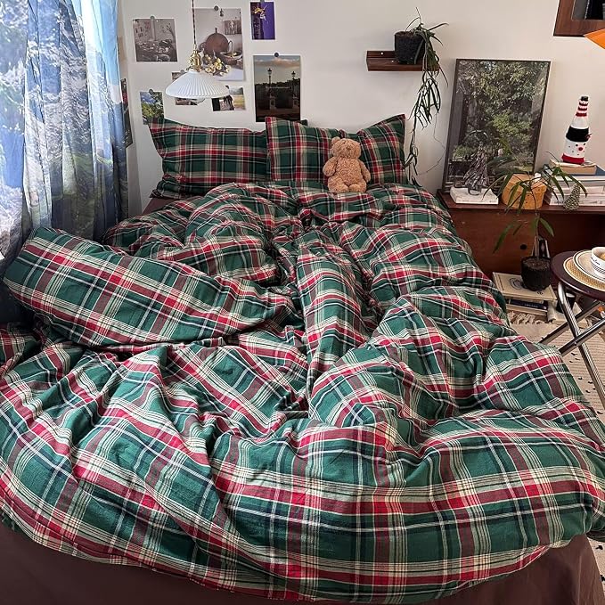 mixinni Vintage Green Buffalo Plaid Washed Cotton Duvet Cover Queen - Soft Breathable Textured Bedding Set with Zipper Closure for All Seasons-1 Duvet Cover + 2 Pillow Shams-Queen Size