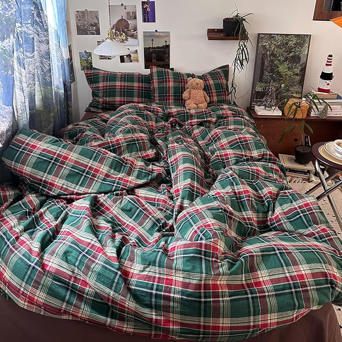 mixinni Vintage Green Buffalo Plaid Washed Cotton Duvet Cover Twin - Soft Breathable Textured Bedding Set with Zipper Closure for All Seasons-1 Duvet Cover + 2 Pillow Shams-Twin Size