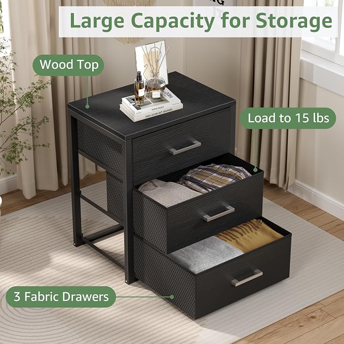 BOLUO Closet Drawers Black Fabric 3 Drawer Small Dresser for Closet Organizers and Storage Bedroom Dorm Modern