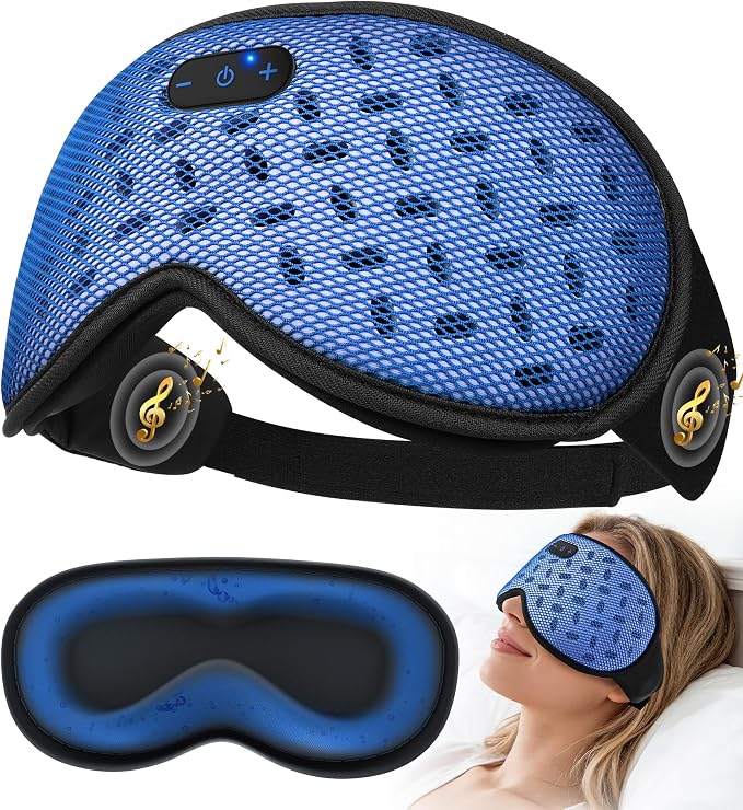 MUSICOZY Bluetooth Sleep Mask, Cooling Weighted Eye Mask with Bluetooth Headphones for Side Sleepers, 3D Contoured Relaxing No Pressure Eye Cover to Block Light for Night Sleeping(Grid Blue)