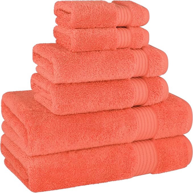Cotton Paradise 6 Piece Towel Set, 100% Cotton Soft Absorbent Turkish Towels for Bathroom, 2 Bath Towels 2 Hand Towels 2 Washcloths, Coral Towel Set