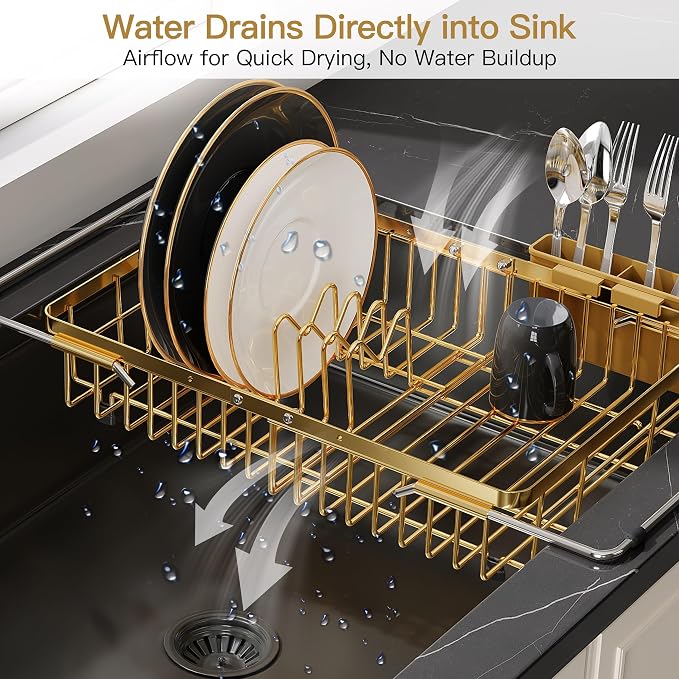 JASIWAY Gold Dish Drying Rack Over the Sink with Utensil Holder | Expandable Stainless Steel Dish Driainers for Small Kitchen, Counter Space Saving, Fast Drain, Rust Resistant, For Apartment