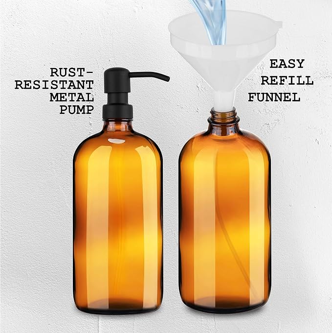 Kitchentoolz Large Pump Bottle - 32 Ounce Glass Shampoo and Soap Dispenser - Amber