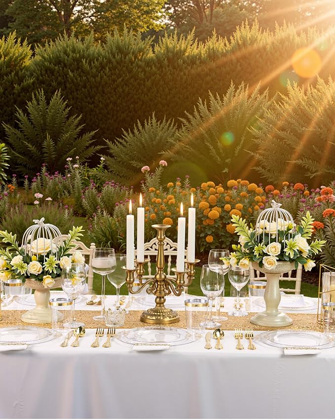 Nervure 350PCS Clear Gold Plastic Plates - Gold Plastic Dinnerware Sets for 50 Guests - 100 Disposable Plates, 150 Silverware, 50 Cups, 50 Napkins for Wedding & Party