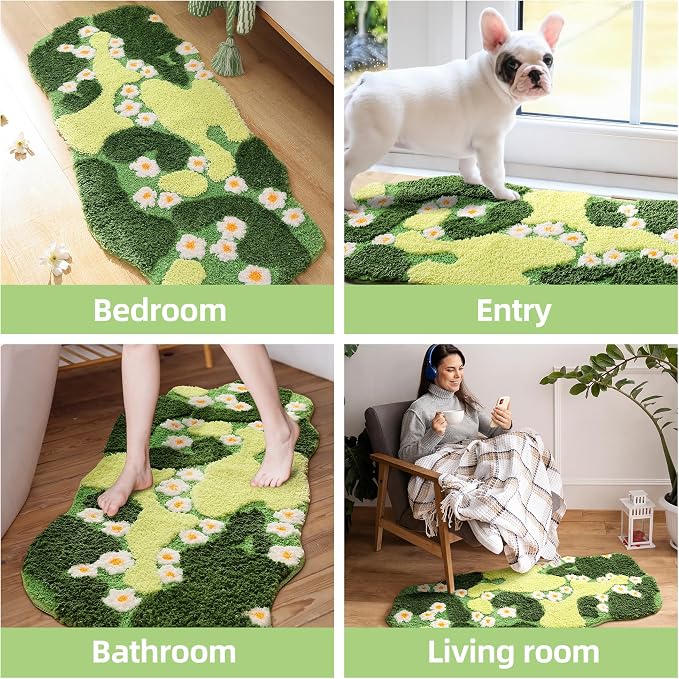 YIKUSH Bathroom Rugs Green Bath Mat Cute Moss Rug with Small White Flowers Non Slip Door Mat for Bedroom and Kitchen Soft Washable Rug Floral Bath Mats (43x20 inch)