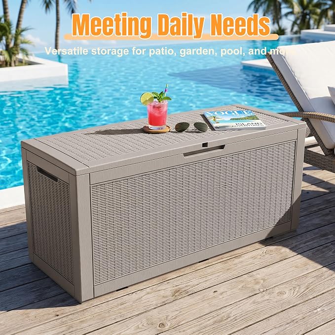 Outdoor Storage Box, 170 Gallon Waterproof Resin Deck Box with Support Rod | UV Resistant Lockable Package Delivery Bin, Shoe, Patio & Garden Tools Storage, Toy Cabinet, Ottoman, Indoor/Outdoor