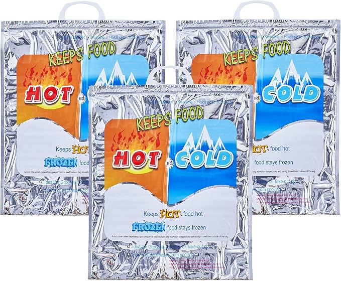 Superio Hot and Cold Insulated Bags for Food Delivery, Grocery Shopping Bags, Food Storage for Hot and Frozen Food for Travel, Disposable Cooler Bag, Reinforced Thermal Lunch Bag (3, 16"x5.5"x19")