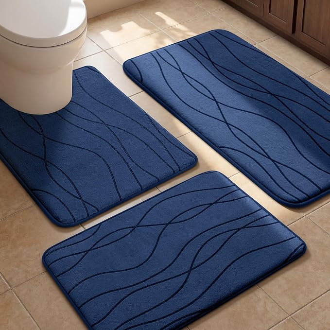 YIHOUSE Bathroom Rugs Set 3 Piece, Memory Foam Bath Mat Navy Blue | Ultra Soft, Absorbent, Non-Slip, Machine Washable, for Bathroom, Sink and Toilet