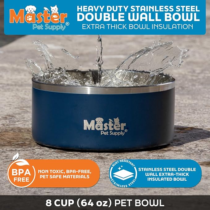 Master Pet Supply Stainless Steel Dog Bowls - 64 oz, Heavy Duty - Navy Blue, Double Wall Extra-Thick Insulated, Non-Slip Pet Water Bowl for Dogs, Cats & Pets, Anti Rust Metal, Dish Washer Safe