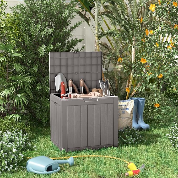 DRATO 35 Gallon Outdoor Storage Box Waterproof, Lockable Resin Deck Box for Patio Furniture, Pool Supplies & Garden Tools, Weatherproof Outside Storage Bin for Backyard Porch (Grey, 35 Gallon)