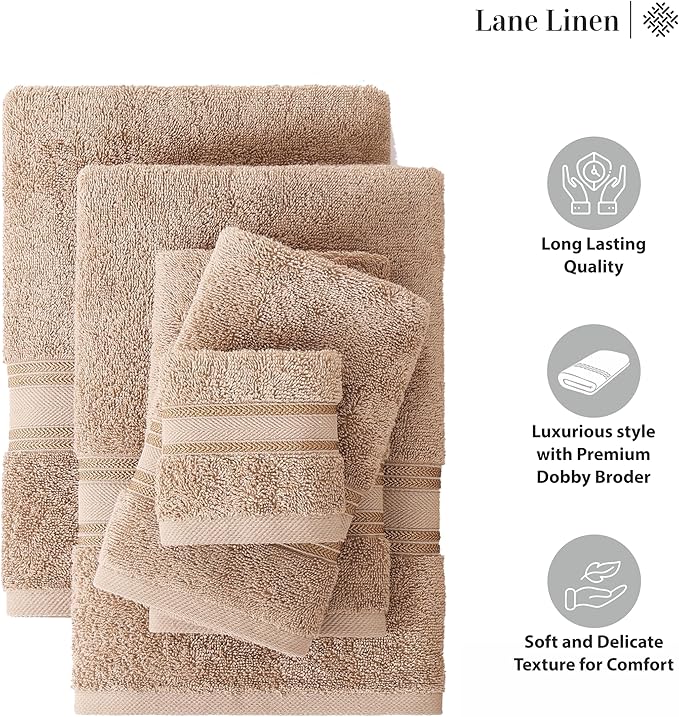 LANE LINEN Luxury Bath Towels Set - 3 Piece 100% Cotton Bathroom Zero Twist Shower Extra Aborbent Towel Super Soft 1 Hand Wash Cloths Taupe