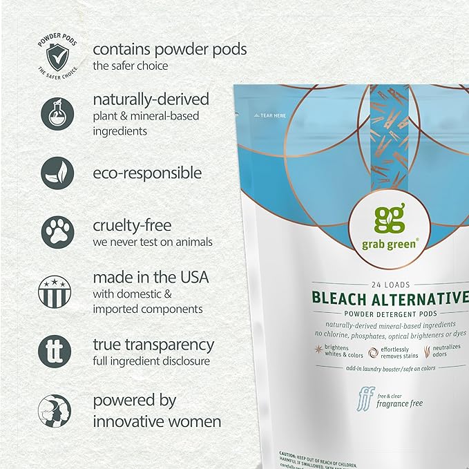 Grab Green Bleach Alternative Pods, 132 Count, Fragrance Free | Chlorine Free; Plant & mineral based; Brightens whites; Removes stains; Neutralizes Odors; Zip Closure; No Harsh Chemicals