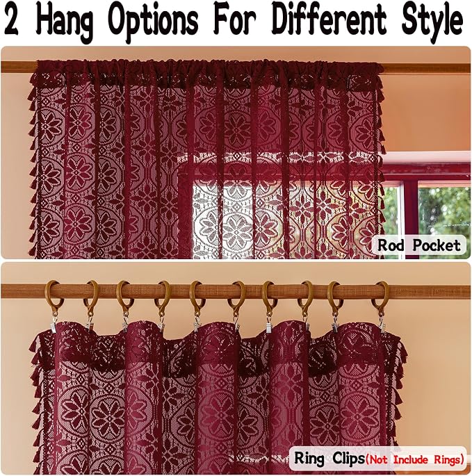 Sutuo Home Burgundy Boho Sheer Curtains 84 inches Long 2 Panels for Bedroom | Red Lace Curtains Cottage Light Filtering Bohemian Farmhouse Vintage Crochet Tassels Victorian Floral Decor Rod Pocket, 50" W