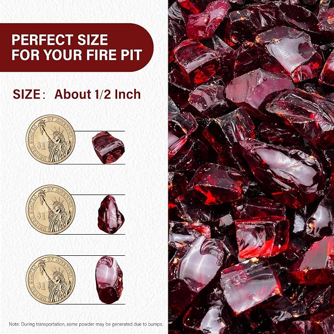 NUPICK 5 Pound Fire Glass, 1/2 Inch Reflective Fire Pit Glass | Tempered Fire Pit Rocks for Propane or Natural Gas, Glass Rocks for Fire Pit Table, Fireplace, Fire Bowl, Landscaping, Red
