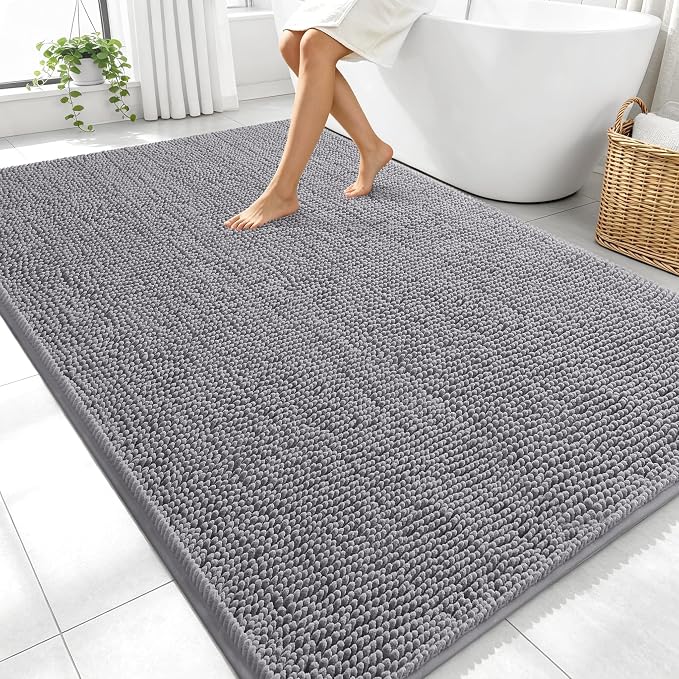 OLANLY Large Bathroom Rugs 70x46, Extra Soft Absorbent Chenille Bath Rugs, Rubber Backing Quick Dry, Machine Washable Bath Mats for Bathroom Floor, Tub and Shower, Home Decor Accessories, Grey