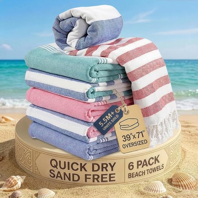 LANE LINEN Beach Towels 6 Pack, Super Absorbent, Durable - Coastal Harmony | Oversized & Pre-Washed Large Beach Towel Set - Stylish Pool Towels for Adults - Quick Dry, 39"x71", Vacation Essential, Soft