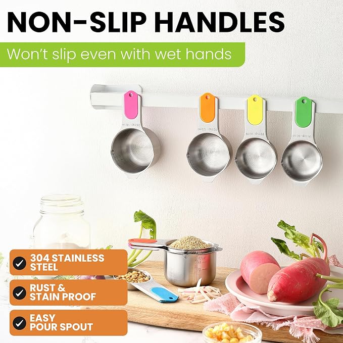 Spring Chef Stainless Steel Magnetic Measuring Cups, Set of 7 & Heavy Duty Magnetic Teaspoon & Tablespoon Measuring Spoons, Set of 8 with Leveler - 2 Product Bundle - Neon