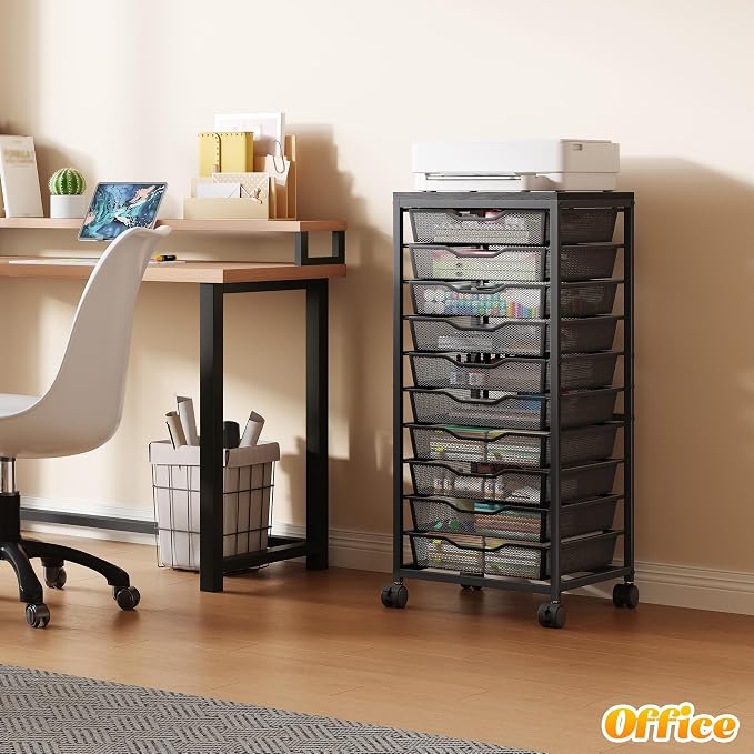 10-Drawer Rolling Storage Cart, Craft Organizers and Storage, Black | 12x12 Inch Storage Drawers for Scrapbook Paper,Classroom,Craft,Bathroom,Teacher,Office,Art,Metal Organizer Cart with wheels