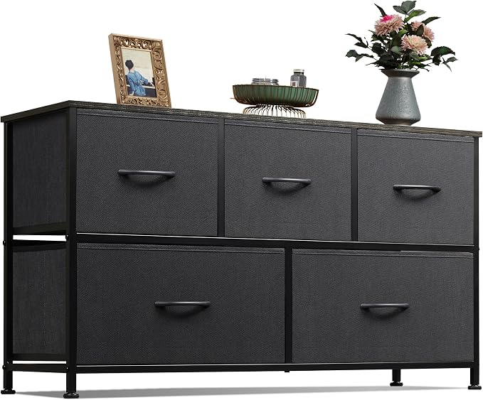 WLIVE Wide Dresser for Bedroom, 5 Drawer Chest of Drawers, Charcoal Black | 5 roomy fabric drawers, Wide storage design, Bedroom or closet use, Sturdy steel frame, Smooth wood tabletop