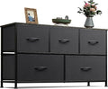 WLIVE Wide Dresser for Bedroom, 5 Drawer Chest of Drawers, Charcoal Black | 5 roomy fabric drawers, Wide storage design, Bedroom or closet use, Sturdy steel frame, Smooth wood tabletop