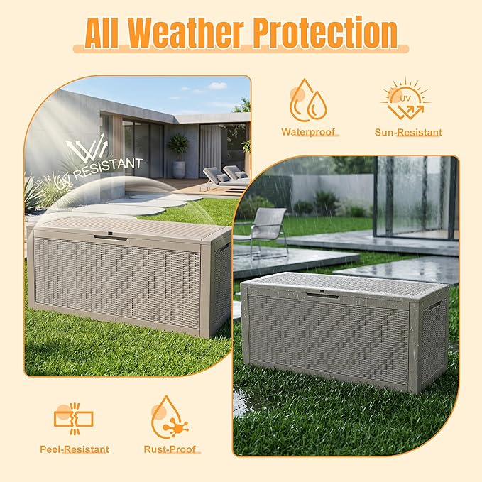 Outdoor Storage Box, 170 Gallon Waterproof Resin Deck Box with Support Rod | UV Resistant Lockable Package Delivery Bin, Shoe, Patio & Garden Tools Storage, Toy Cabinet, Ottoman, Indoor/Outdoor