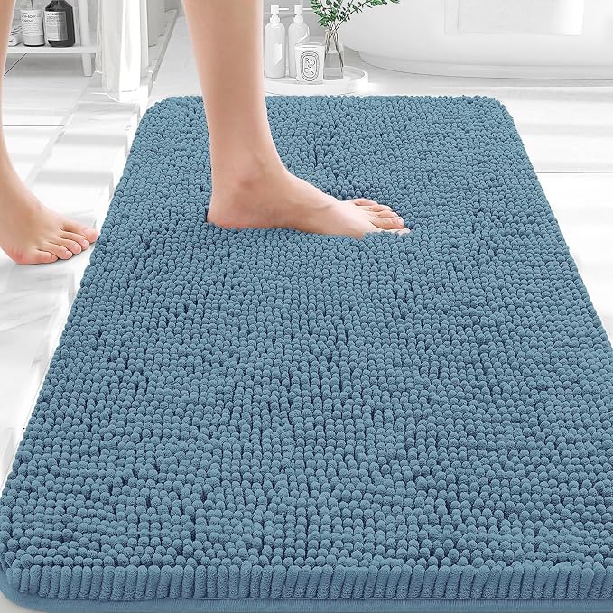 OLANLY Bathroom Rugs 30x18, Extra Soft Absorbent Chenille Bath Rugs, Rubber Backing Quick Dry, Machine Washable Bath Mats for Bathroom Floor, Tub and Shower, Home Decor Accessories, Airy Blue