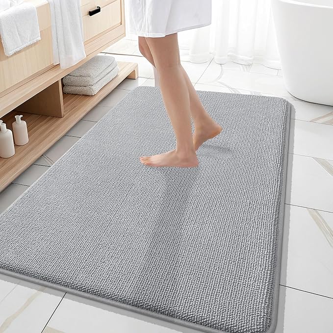 OLANLY Memory Foam Large Bathroom Rug 59x35, Absorbent Bath Mat, Light Grey | Soft Quick Dry Bath Mat Rugs, Non-Slip, Machine Washable Mat for Bathroom Floor, Tub and Shower, Home Decor Accessories
