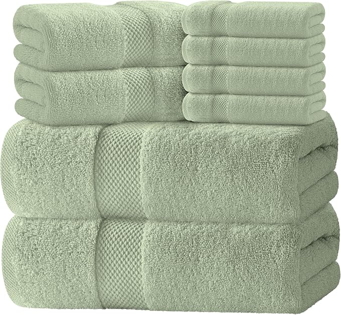 White Classic Luxury Bath Towel Set of 8 Pieces - 100% Turkish Cotton Highly Absorbent Towels for Bathroom, 2 Luxury Bath Towels 700GSM, 2 Hand Towels, 4 Washcloths, Mint Green