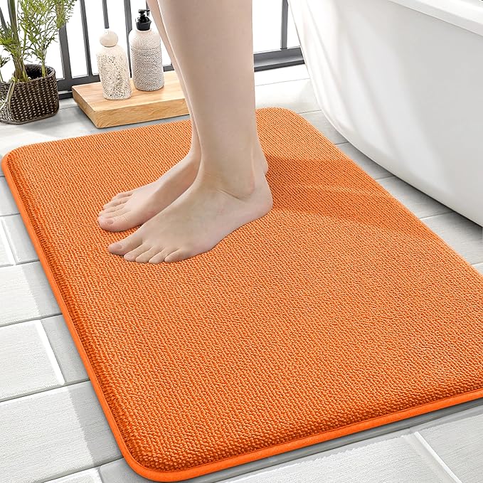 OLANLY Memory Foam Small Bathroom Rugs 24x16, Absorbent Bath Mat, Orange | Soft Quick Dry Bath Mat Rugs, Non-Slip, Machine Washable Mat for Bathroom Floor, Tub and Shower, Home Decor Accessories