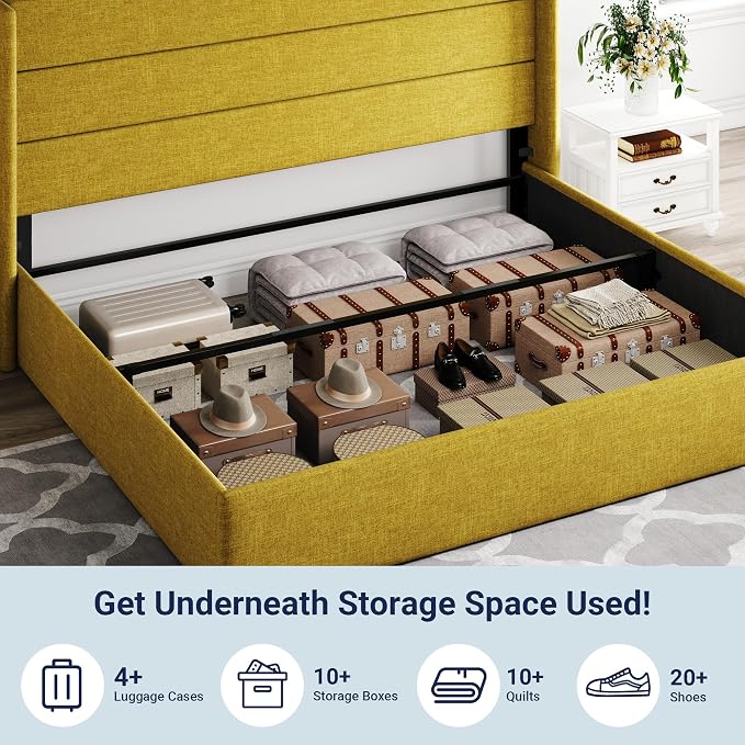 Allewie King Size Lift Up Hydraulic Storage Bed Frame Olive Yellow | Modern Wingback Headboard, Hydraulic Support Storage, No Box Spring Needed