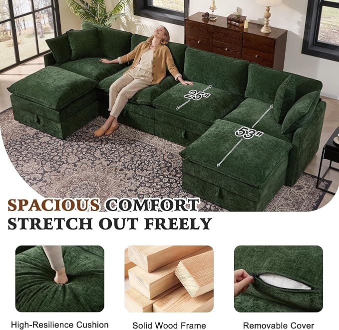 Ihanherry 135” Modular Sectional Sofa with Storage, U Shaped Cloud Couch with Movable Ottomans & 4 Pillows, Chenille Deep Seat Sectional Couches for Living Room, Apartment (Green)