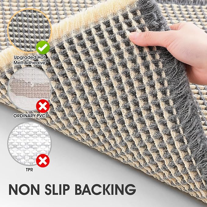 Extra Large Waffle Bath Mat Grey & Beige 6'x2'(72" x 24"), Boho Woven Modern Bath Mat Rugs, Absorbent Non Slip Bathroom Rugs, Soft Washable Bath Rugs with Tassels for Bedroom, Kitchen, Shower, Tub