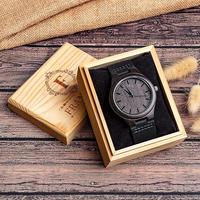Custom Engraved Wood Watch Gifts for Fiancé Boyfriend Husband Men Him As Personalized Anniversary Christmas Birthday Father Day Graduation Valentine's Wooden Idea