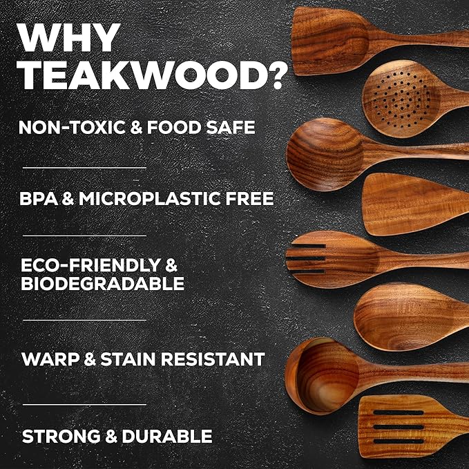 Zulay Kitchen 12-Piece Teak Wooden Utensils for Cooking - Natural Teak Utensil Set with Premium Gift Box - Non-Stick Wooden Spoons for Cooking - Kitchen Gift Set - Comfortable Grip Wooden Utensil Set