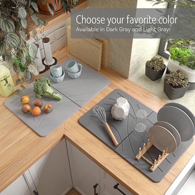 LARGE | PREMIUM | Stone Dish Mat + Bamboo Rack | 24” x 16” | Foldable (Light Gray)
