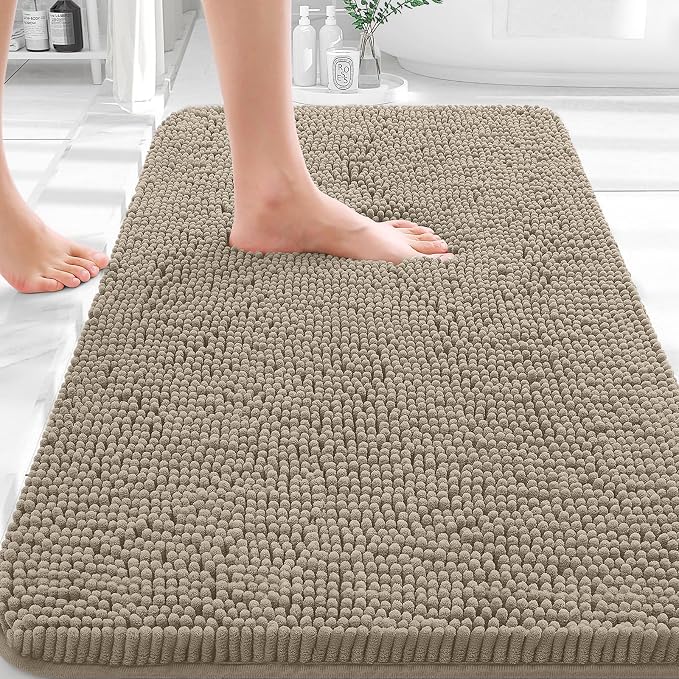 OLANLY Bathroom Rugs 30x18, Extra Soft Absorbent Chenille Bath Rugs, Rubber Backing Quick Dry, Machine Washable Bath Mats for Bathroom Floor, Tub and Shower, Home Decor Accessories, Warm Taupe