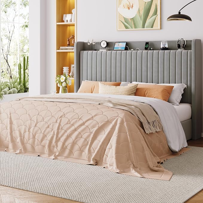 Allewie King Lift Up Storage Hydraulic Bed Frame,Charging Station,Grey | Storage Shelf Headboard with Charging Station,Type-C,USB Ports,Hydraulic Support,Velvet Upholstered,No Box Spring Needed
