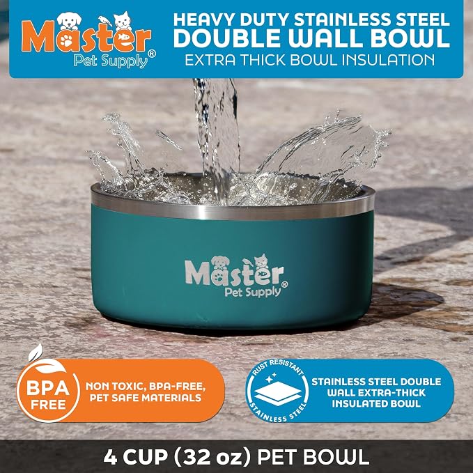 Master Pet Supply Stainless Steel Dog Bowls - 32 oz, Heavy Duty - Emerald Sea, Double Wall Extra-Thick Insulated, Non-Slip Pet Water Bowl for Dogs, Cats & Pets, Anti Rust Metal, Dish Washer Safe