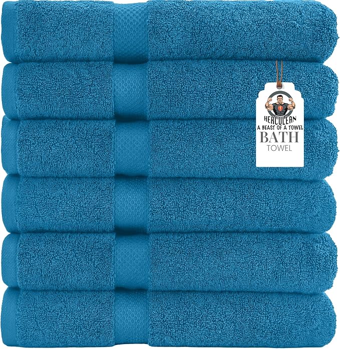 HERCULEAN Premium Bath Towels 24 x 48 Pack of 6 | Quick Dry and Highly Absorbent | 100% Cotton Terry Towels for Bathroom - Perfect for Shower - Pool and Spa - Luxury Soft Towels - Teal Blue