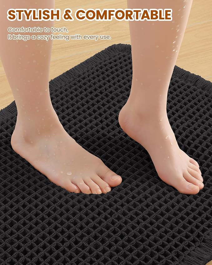 Smiry Waffle Bath Mat 47x24, Extra Soft Absorbent Bathroom Rugs, Non Slip Machine Washable Quick Dry Bath Rugs for Bathroom Floor, Tub, Shower, Home Decor Accessories, Black